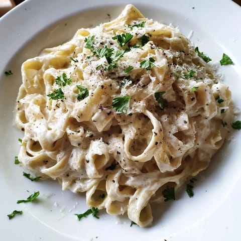 This light and luscious cottage cheese Alfredo boasts a velvety smooth texture and fresh parsley garnish.