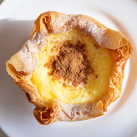 Golden, flaky crust cradling warm custard, these Portuguese egg tarts dusted with cinnamon look divine.