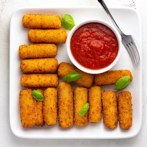Crispy air fryer mozzarella sticks, golden brown and oozing melted cheese, served alongside warm marinara dipping sauce.
