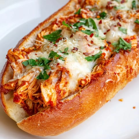 A close-up of Chicken Parm Stuffed Garlic Bread with bubbling cheese and herbs, perfect for a cozy Italian-American dinner main course.