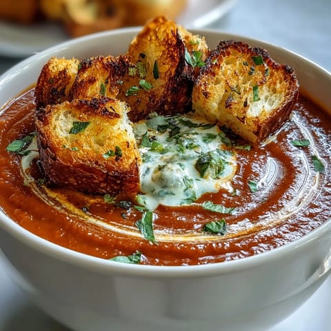 Creamy Roasted Tomato Soup ladled into a white bowl, topped with golden homemade croutons and a basil garnish.