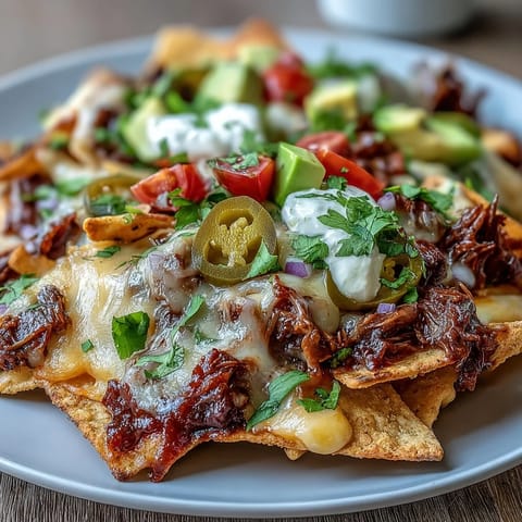 Crispy tortilla chips smothered in smoky BBQ beef and melted cheddar, topped with jalapeños and fresh cilantro for a bold flavor.  