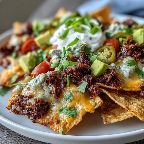 Hearty BBQ beef nachos baked until bubbly, piled with Monterey Jack, diced tomatoes, red onion, and cool sour cream.  
