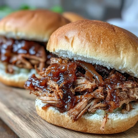Golden-brown shredded pork simmering in a sweet and savory applesauce glaze, ready for sandwich buns.