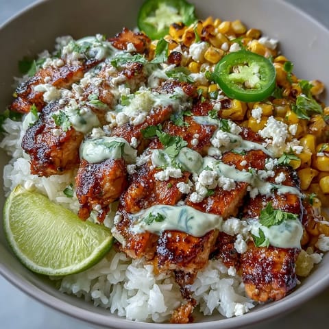 Bright citrus-marinated chicken thighs and smoky charred corn top fluffy rice, finished with zesty crema and crumbled cotija in a Street Corn Chicken and Rice Bowl.