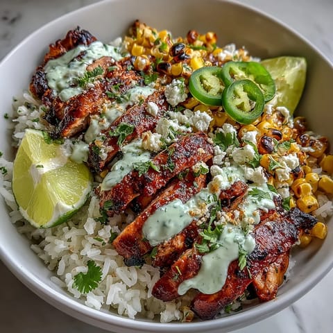 Sliced juicy chicken rests on warm rice beside charred corn, drizzled with crema and topped with cotija and cilantro in a Street Corn Chicken and Rice Bowl.