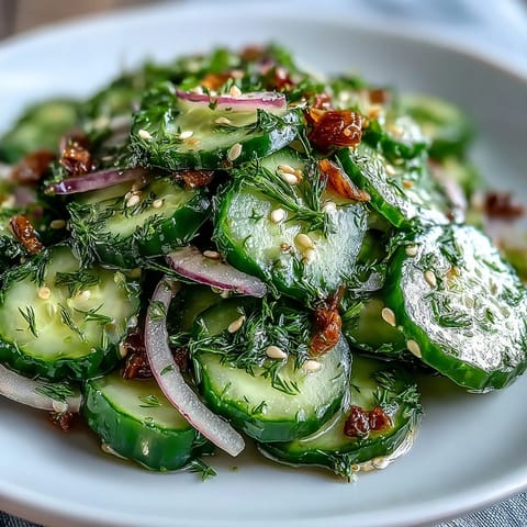 Crisp cucumbers, red onion, and dill create a refreshing Crunchy Cucumber Salad bite.