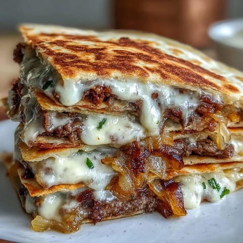 A close-up of Cheesy Griddled Smashburger Quesadillas sliced into wedges, revealing melted cheddar and American cheese.