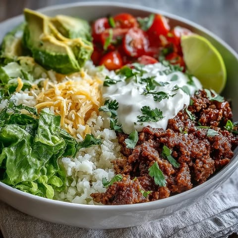 Fork-ready low carb burrito bowl featuring juicy ground beef, fluffy cauliflower rice, crisp lettuce, and diced tomatoes with lime.