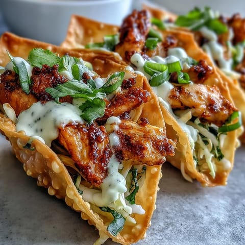 Golden-brown crispy wonton taco shells filled with ginger-marinated chicken and colorful shredded slaw. 