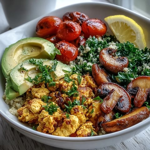 Steamed whole wheat couscous forms the base for this vibrant Scrambled Tofu Breakfast Bowl with sautéed kale.