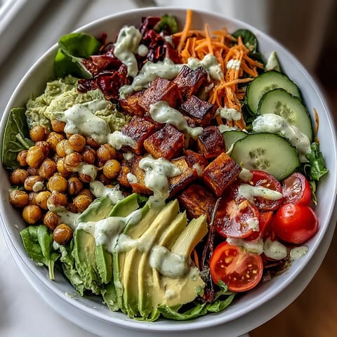Golden roasted chickpeas and tender sweet potatoes top this wholesome, vegan Breakfast Buddha Bowl with fresh greens and sliced cucumbers.