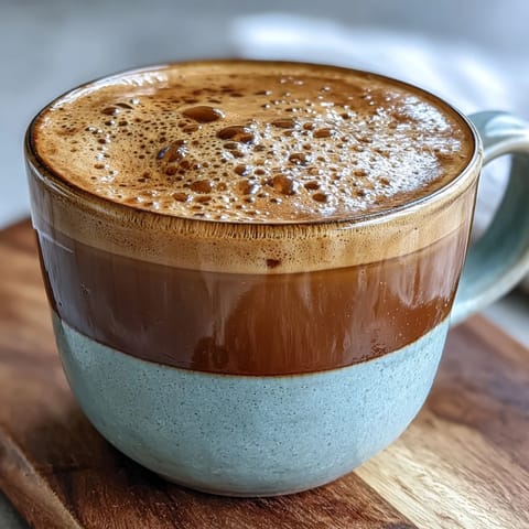 Steaming Hojicha Macchiato with frothy milk foam in a white ceramic cup on a cozy wooden table.