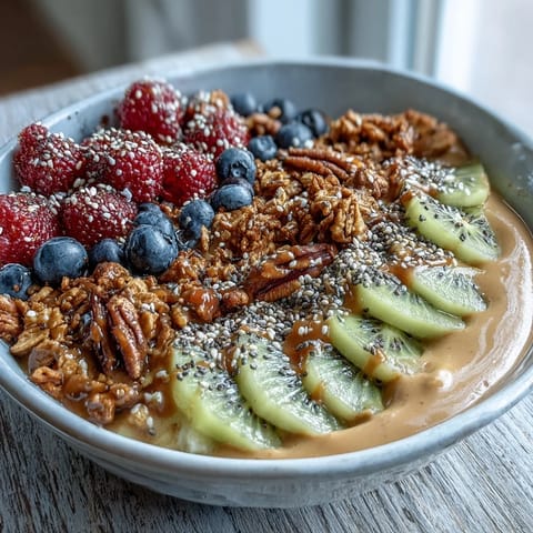 This thick Hojicha Smoothie Bowl features a roasted tea blend, almond milk base, and colorful fruit garnish, perfect for an easy morning meal.