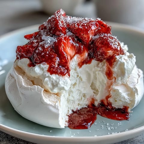 Light, airy meringue nests topped with billowy whipped cream and juicy strawberries, perfect for elegant dessert tables.