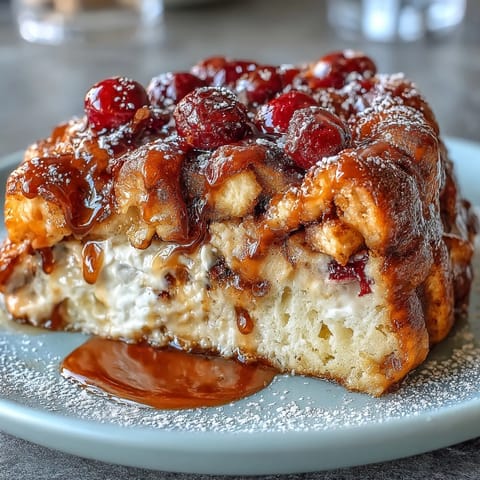 Golden blueberry pancake casserole baked to perfection, topped with juicy fresh berries and a sprinkle of sugar, ready for a cozy breakfast.