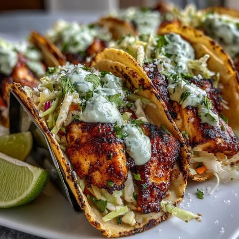 Zesty grilled fish tacos with coconut-lime marinade, topped with crunchy cabbage slaw and tangy crema.