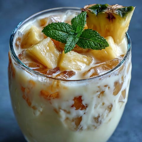 Refreshing pineapple coconut agua fresca with vibrant tropical fruit and creamy coconut milk in a clear glass, garnished with fresh mint and pineapple wedge.