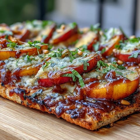Grilled flatbread topped with sweet BBQ peaches, melted Brie cheese, and fresh basil, perfect for summer gatherings.