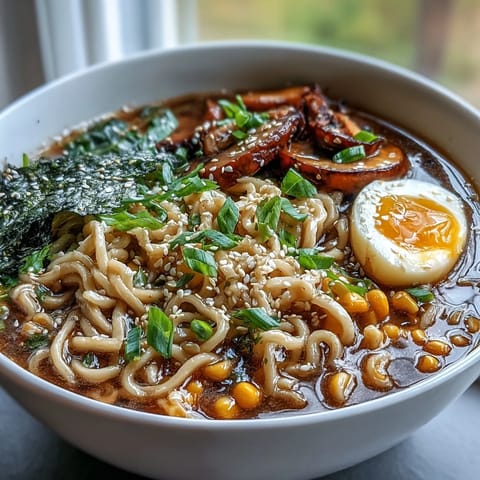 A steaming bowl of homemade miso ramen with rich broth, fresh noodles, mushrooms, and a soft-boiled egg.  