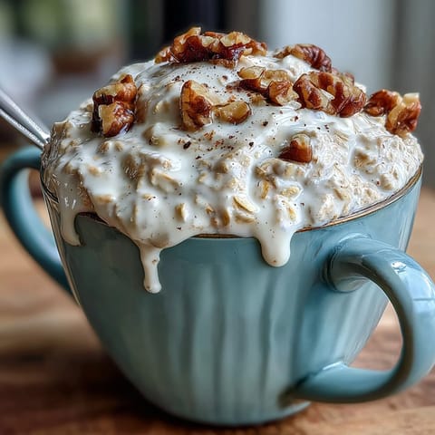 Creamy oats with grated carrots, cinnamon, and nutmeg, layered with crunchy walnuts in a glass jar for easy morning prep.