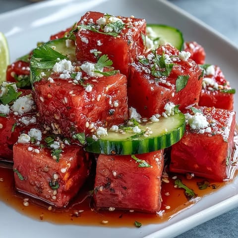Juicy watermelon cucumber salad with Tajin sparkles, a refreshing summer delight.