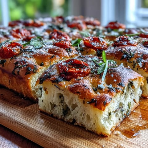 Golden Spring Herb Focaccia with fresh rosemary, thyme, cherry tomatoes, and flaky sea salt on a rustic wooden board.