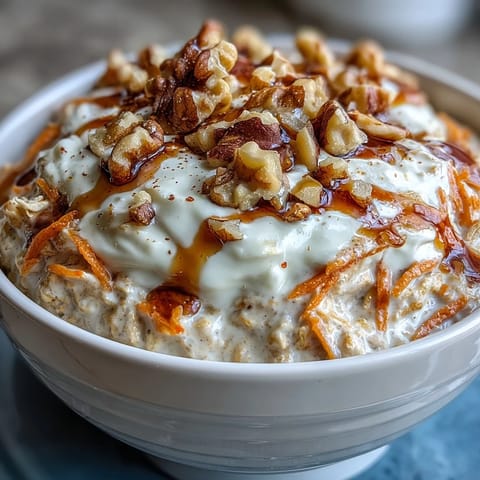 A jar of carrot cake overnight oats topped with chopped walnuts and shredded coconut for a healthy breakfast treat.