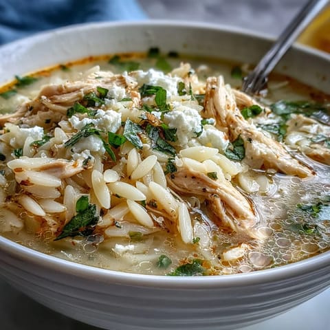 A steaming bowl of Greek lemon chicken soup with tender shredded chicken, orzo, and fresh herbs in a tangy, golden broth.