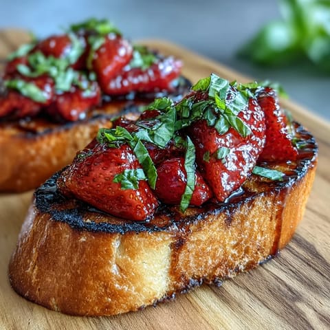Strawberry Balsamic Bruschetta grilled sourdough appetizer with fresh basil drizzle.