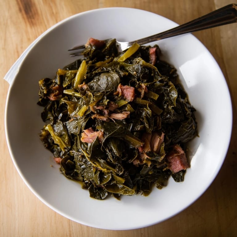 Vibrant, dark green collard greens recipe with meaty smoked turkey; comfort food heaven.
