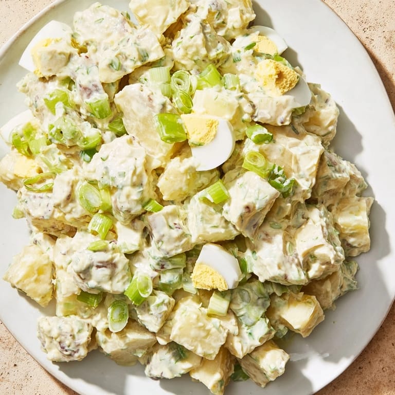 Freshly made potato salad with bright onion and egg—a comforting, classic side dish.