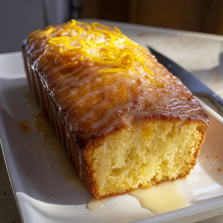 Homemade Lemon Drizzle Cake, warm from the oven fills the kitchen with bright citrus aroma.