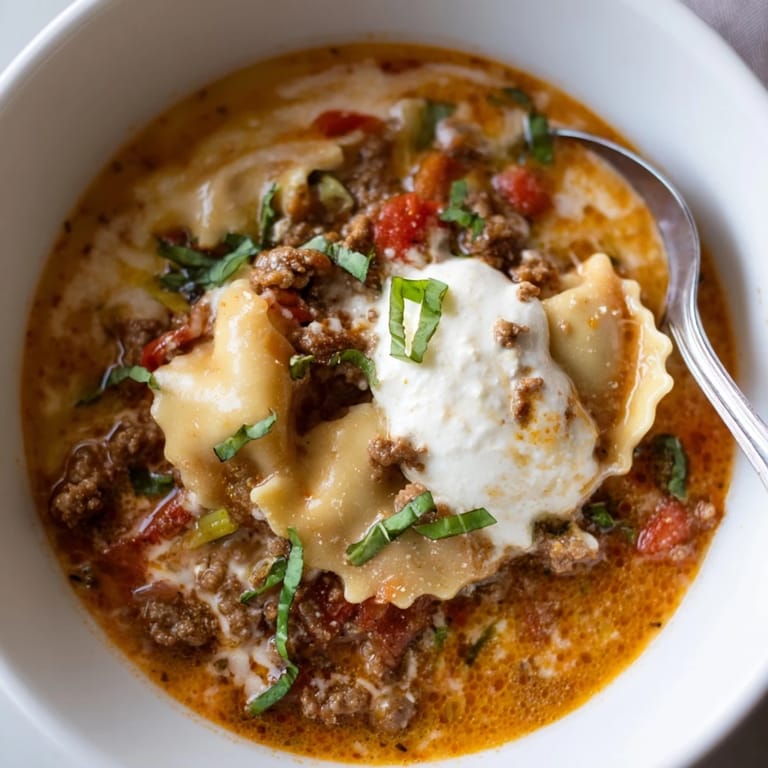 Warm, comforting Lasagne Soup Cheesy Biscuit Melts served with fresh basil and ricotta.  