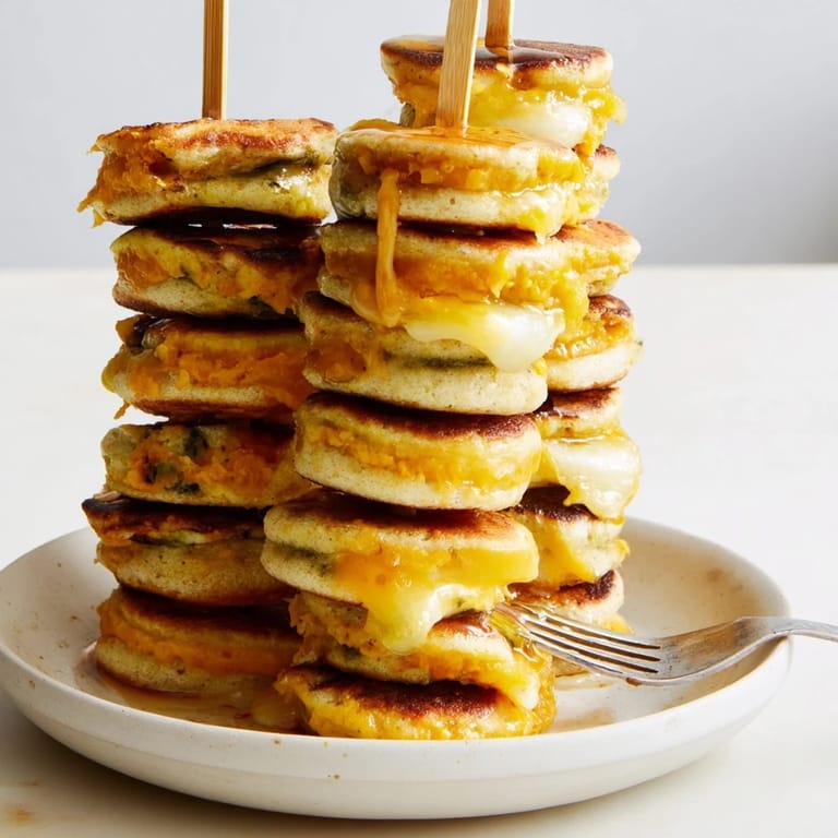 Savory pumpkin pancake skewers combine gooey cheese and warm spices for a tasty treat.  