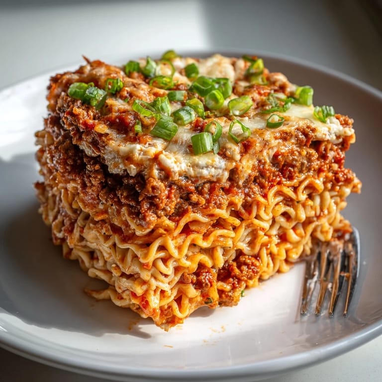 A mouthwatering bowl of spicy ramen lasagna topped with bubbling melted cheese.  
