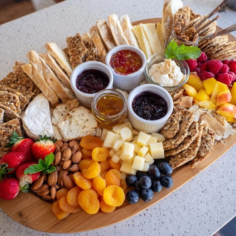 Colorful jam-infused brunch board brimming with sweet jams, goat cheese, and seasonal fruits.  