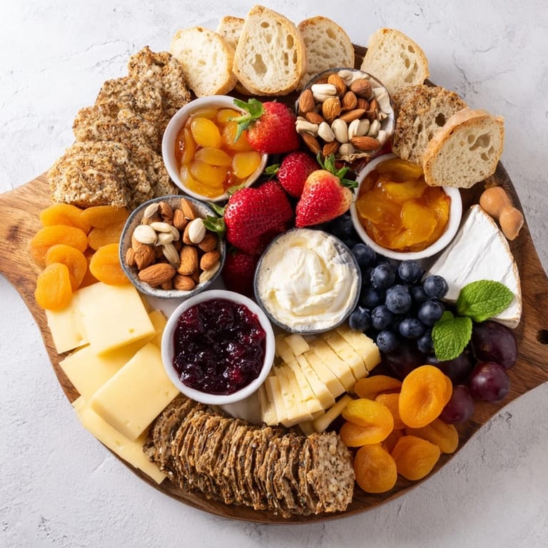 Artisan jam-infused brunch board showcasing delightful cheeses, assorted jams, and fresh berries.