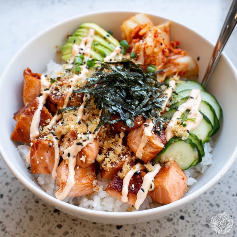 Deliciously golden crispy salmon on a bed of fluffy rice and vibrant veggies.  