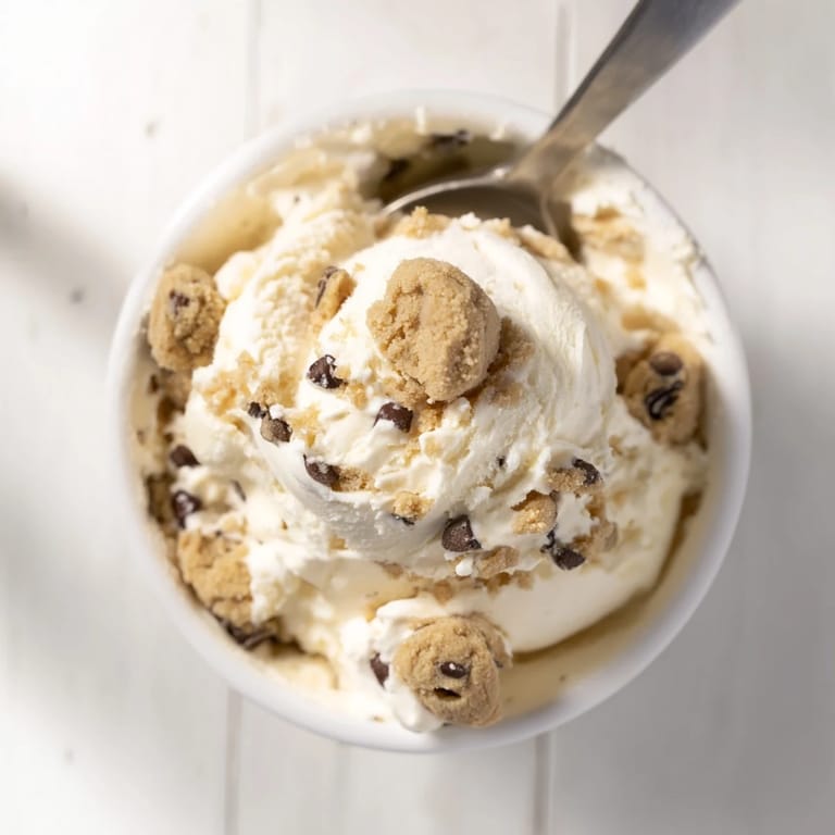 Deliciously smooth cottage cheese ice cream mixed with chewy cookie dough morsels.