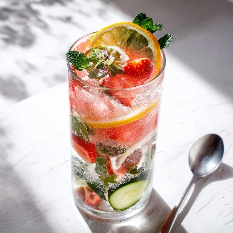Colorful mocktails featuring infused water, fresh strawberries, and a sprig of mint.  