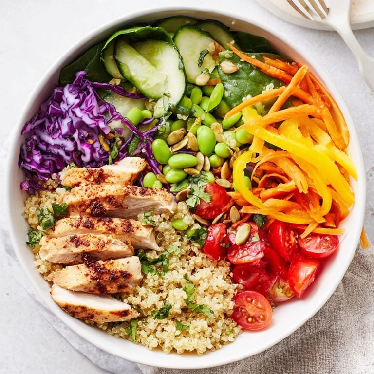 Vibrant Healthy Meal-Prep Bowls filled with quinoa, edamame, and zesty dressing.  