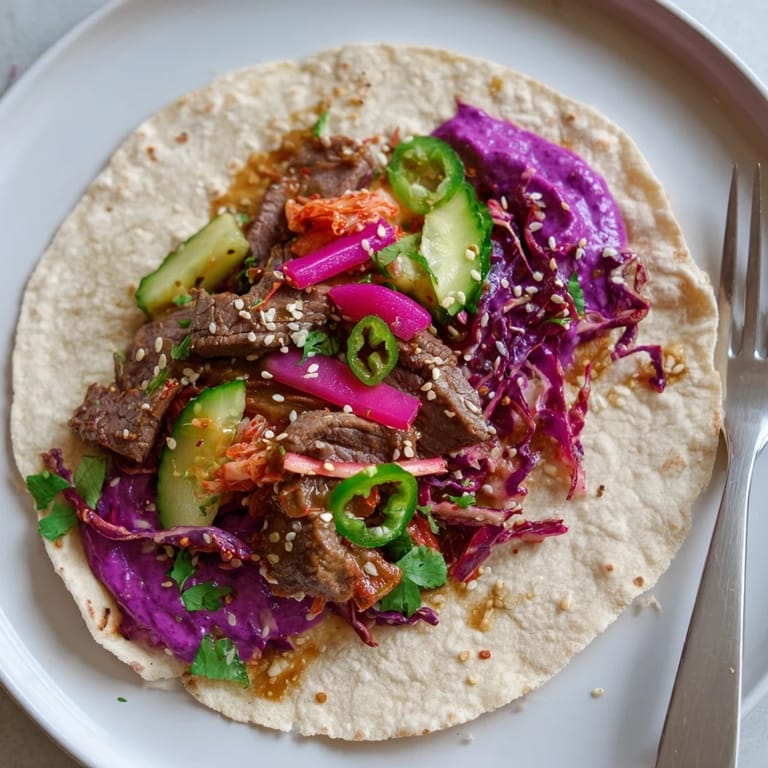 Savory beef sirloin tacos drizzled with vibrant ube crema and crispy toppings.  