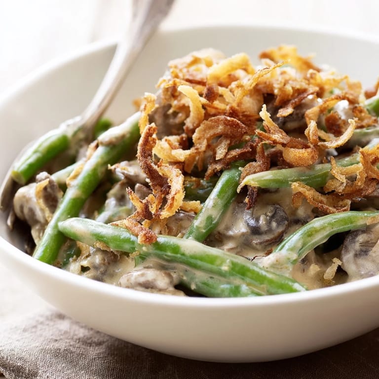 Nostalgic old-school green bean casserole, featuring vibrant beans in savory mushroom sauce.  