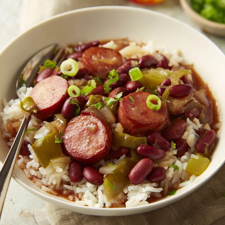 Flavorful Red Beans & Rice simmered with smoky sausage and fragrant spices.  