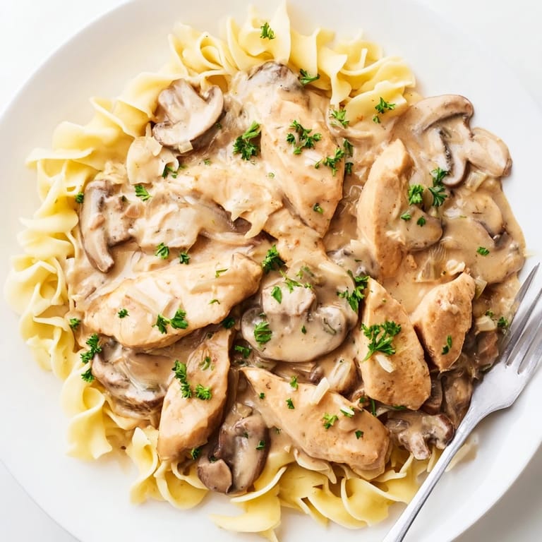 Rich and comforting Creamy Chicken Stroganoff garnished with parsley, perfect for cozy dinners.