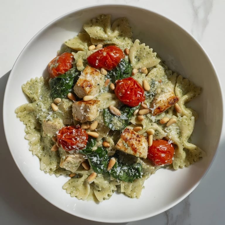 Tender chicken and colorful tomatoes atop a bed of pesto chicken bowtie pasta.
