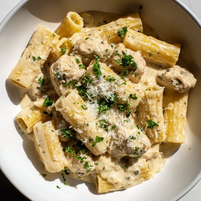 Tender chicken and perfectly cooked rigatoni coated in a luxurious Creamy Garlic Parmesan sauce.