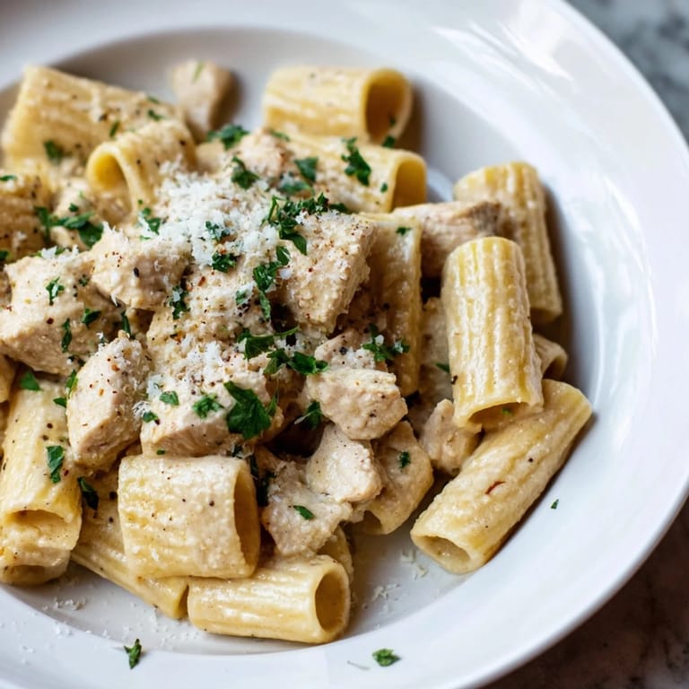 A visually appealing, close-up of a bowl of delicious Creamy Garlic Parmesan Chicken Rigatoni, ready to eat.