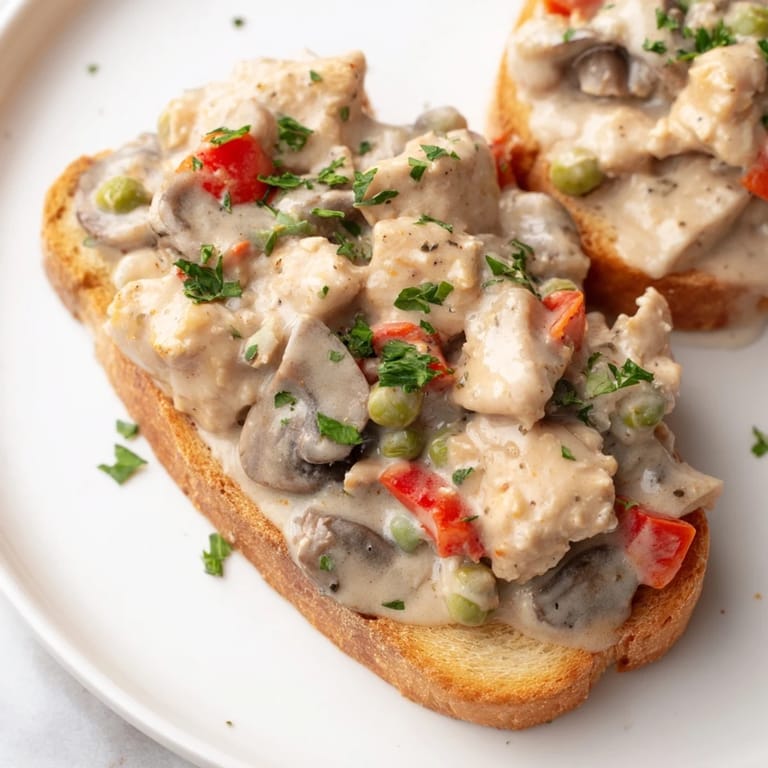 Hearty chicken à la king, with visible diced chicken and veggies, ready to spoon over toasted bread.